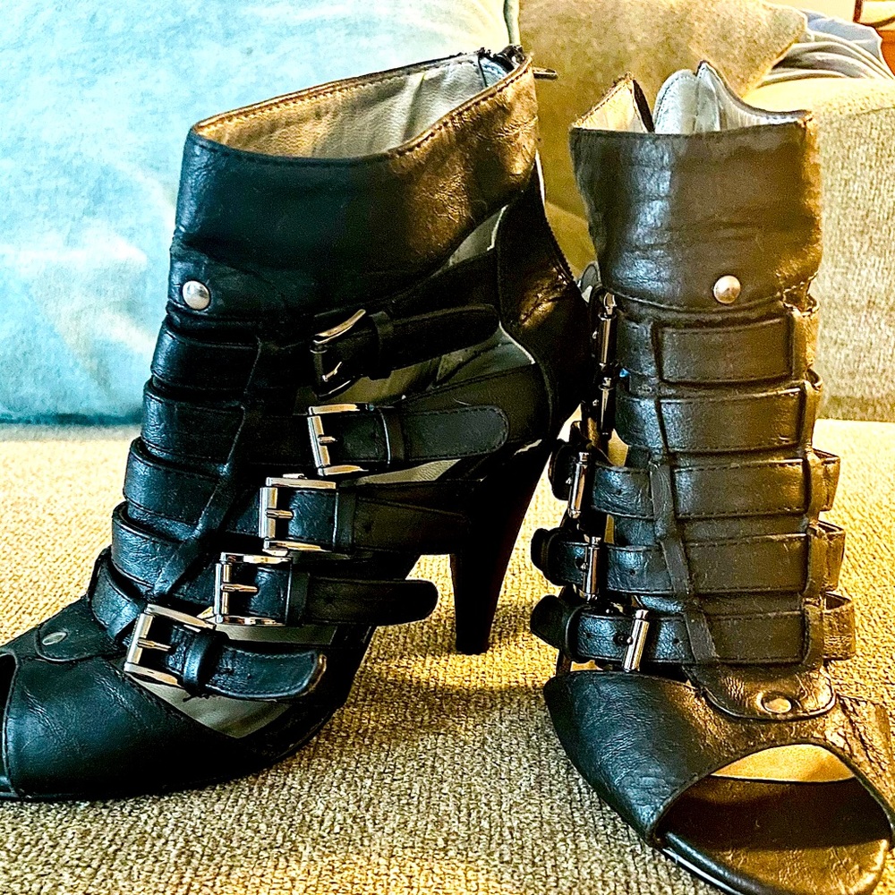 Black leather open toe heels